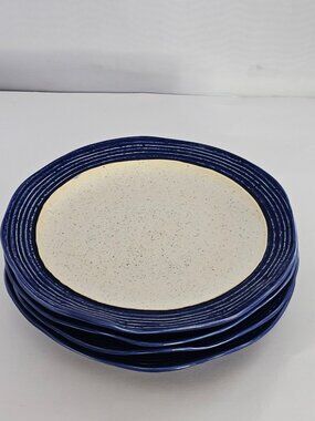 4 Pier 1 Midori Blue Salad Plates 8.5" rustic textured cobalt rim ruffled stonew
